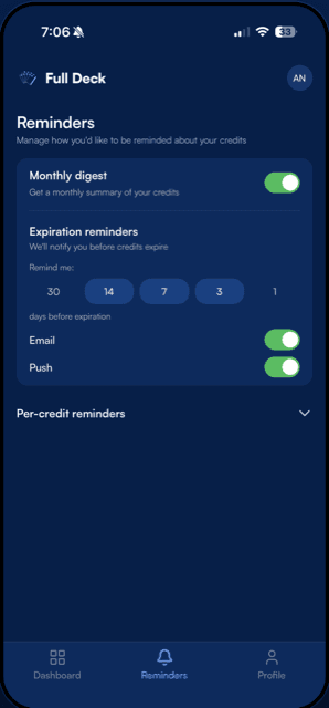 Reminder preferences screen with expiration alerts set to 14, 7, and 3 days before