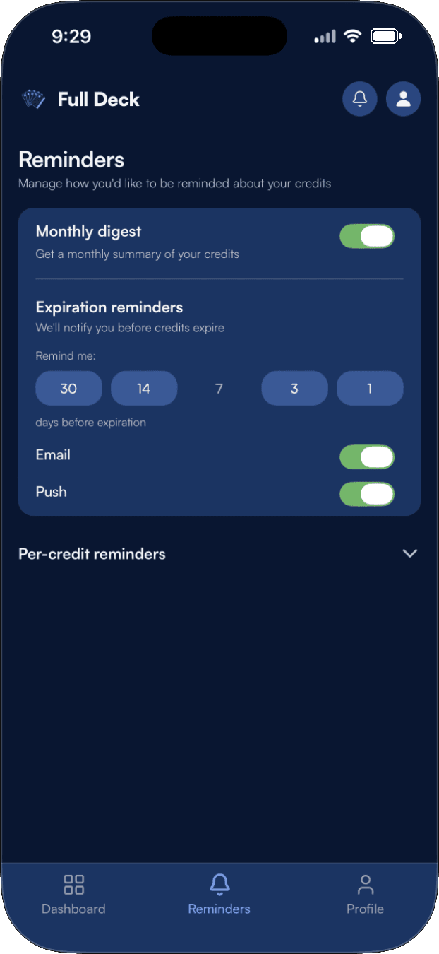 Reminder preferences screen with expiration alerts set to 14, 7, and 3 days before